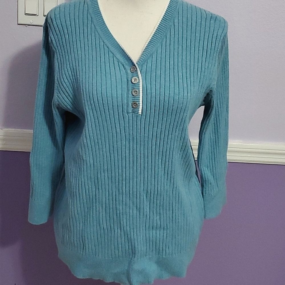 Croft & Barrow Light Blue Y2K Retro Ribbed Knit 3/4 Sleeves Sweater Top XL